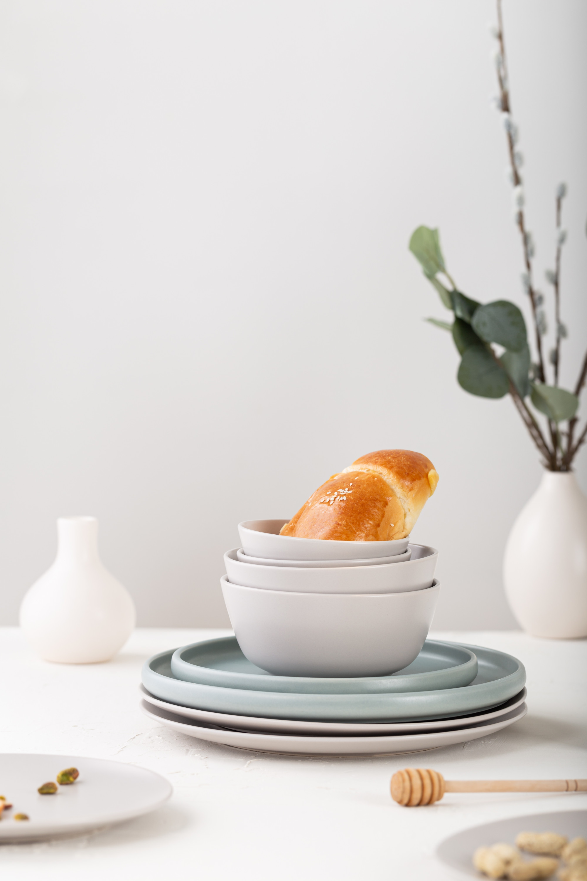 Warm kitchen workspace with plated dish